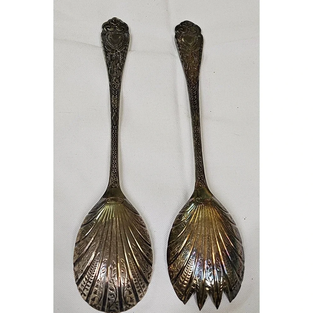 Vtg WA‎ Sheffield England EPNS Shell Salad Servers Spoon Fork Set Silver Plate